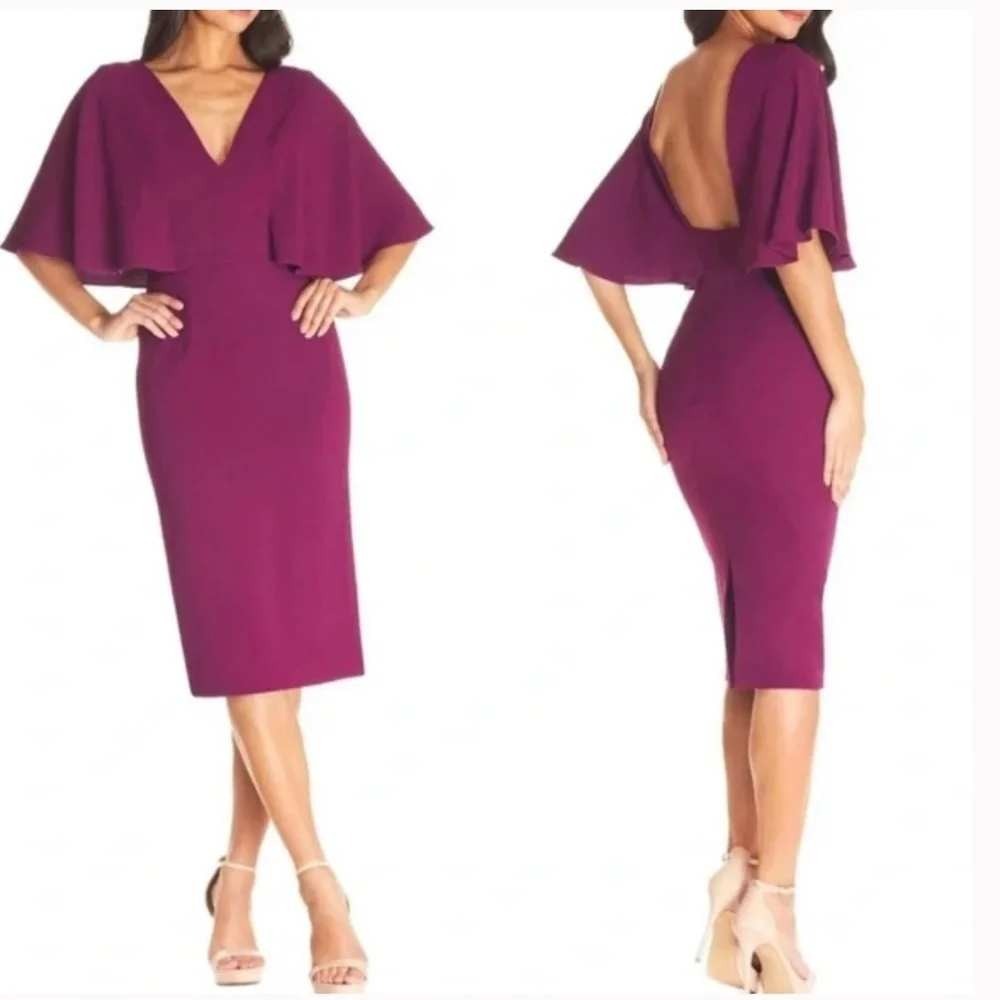 NEW Dress The Population Louisa Magenta Cape Flutter Sleeve Sheath Dress Sz XXS